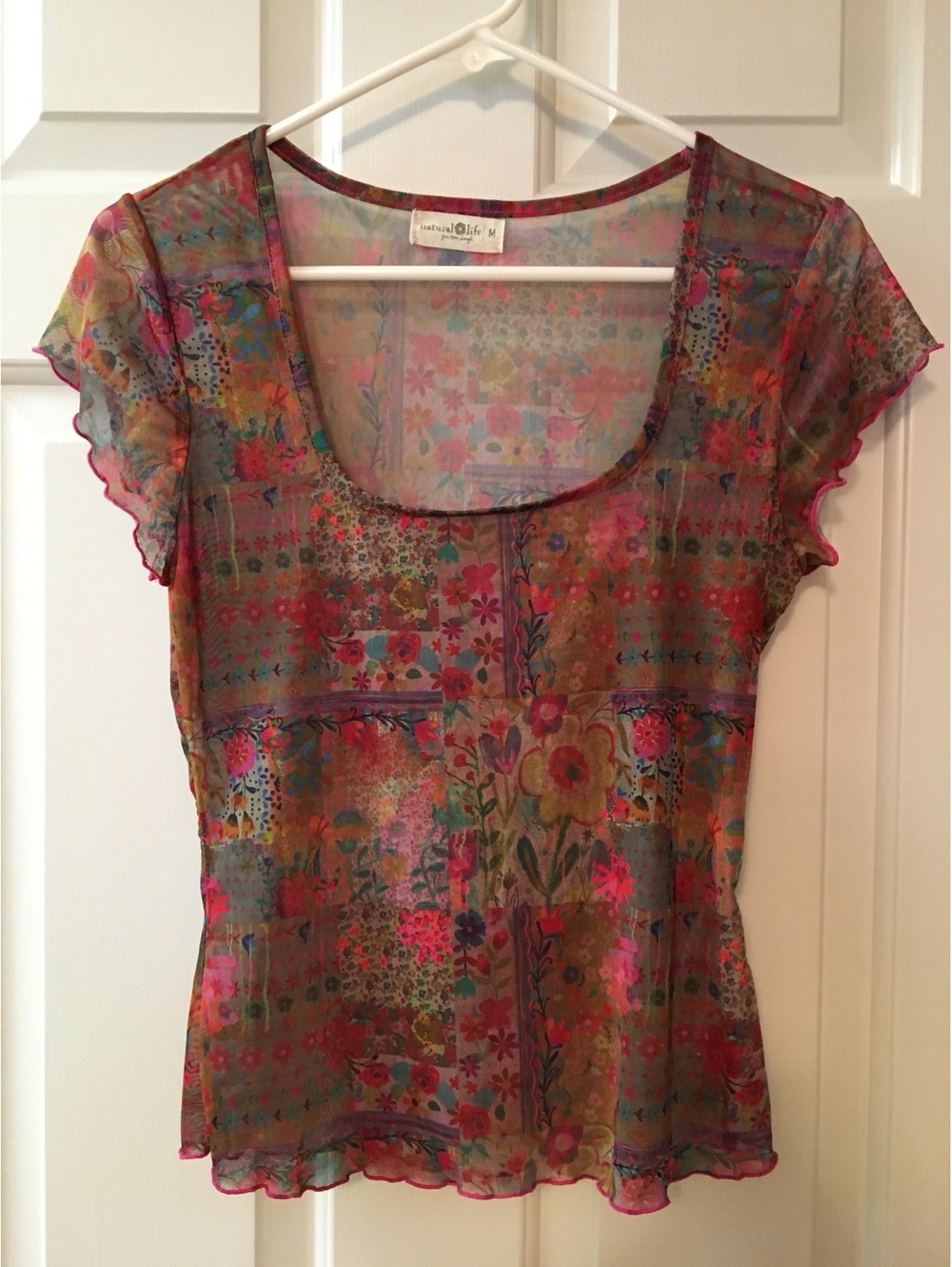 Natural Life Sheer Floral Patchwork Mesh Top Size M